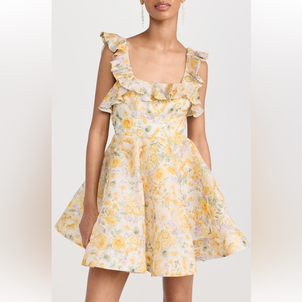 Zimmermann Yellow and White Ruffled Tiered Mini Dress